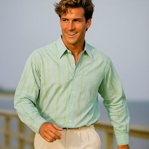 Vintage International Male Striped Mint Green Cotton Shirt Size L 80s 90s Preppy